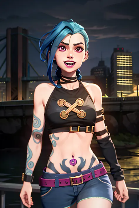 arcane style,

1girl, arm tattoo, asymmetrical bangs, bangs, blue hair, braid, silver metal top, cloud tattoo, looking at viewer, laughing, crazy, uncontrollable laugh, mad look, night, city, green hair, long hair, midriff, pink eyes, red lips, shirt, solo...