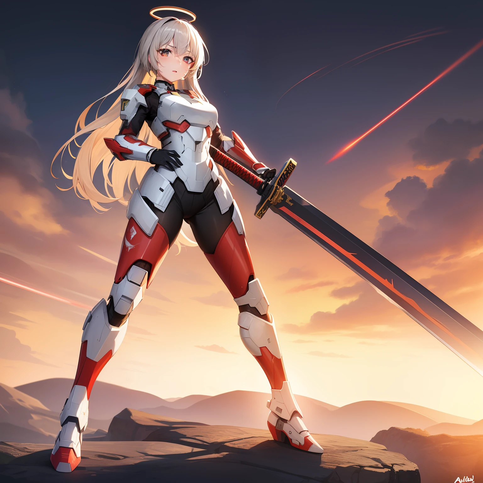 1 girl, solo, Ayanami from Azur Lane, fighting stance, katana in hand, massive great laser sword, swinging sword, highly detailed katana, (masterpiece), (best quality), detailed eyes, beautiful hands, straight hands, shiny hair, light blonde hair, long hair, straight hair, reddish orange eyes. full body, sweaty, small breasts, standing, blue sky, (((red and silver spartan armor from Halo))), standing, (highly detailed rifle),