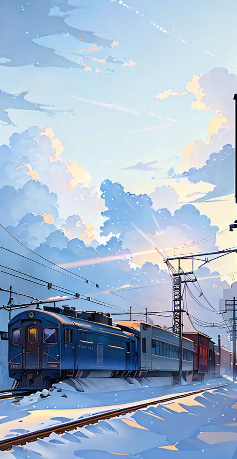 There is a train running along the tracks in the snow, Makoto Shinkai&#39;s concept art, tumblr, magic realism, beautiful anime scenes, cosmic sky. by makoto shinkai, ( ( makoto shinkai ) ), anime background art, anime backgrounds, Makoto Shinkai&#39;s sty...