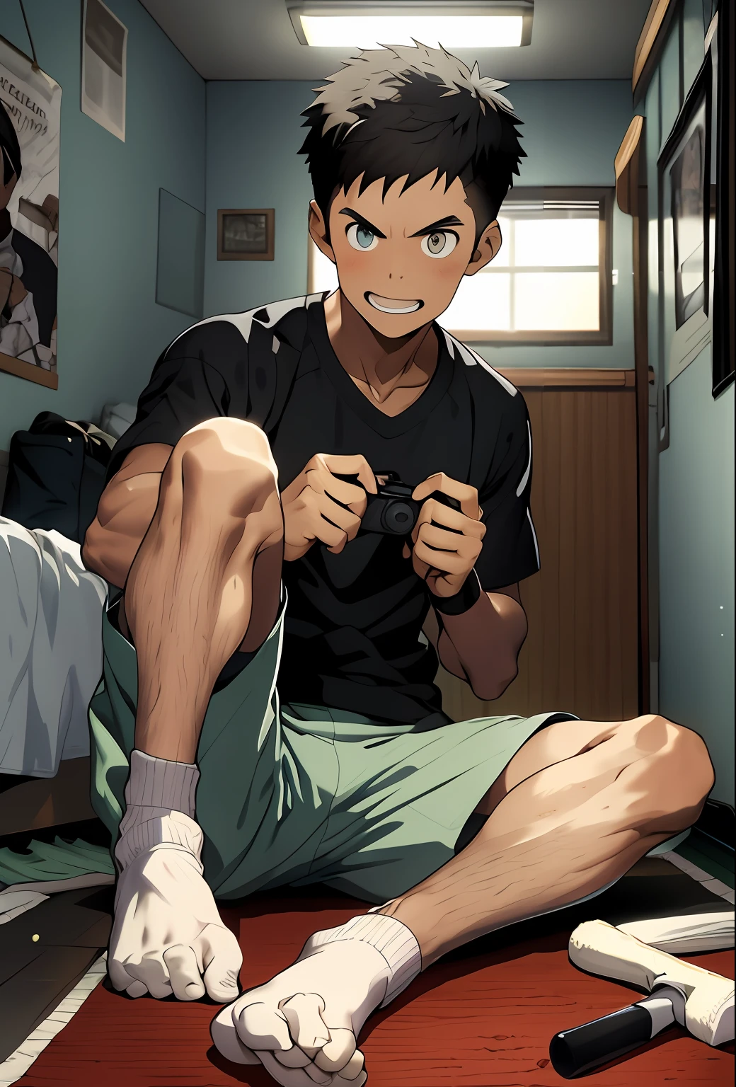 1boy,liveroom，inside in room，sitting down on the floor，Beds，Press and hold the game controller, shoe，sockes，carpets，shorter pants，mischievous expression，Stick out your tongue，poster for，Baseball bat，baseball，music，cdx,paper towel，Earphone，cinematric light，detailed back ground，best qualtiy，8K，wide wide shot，depth of fields，high detal，tmasterpiece