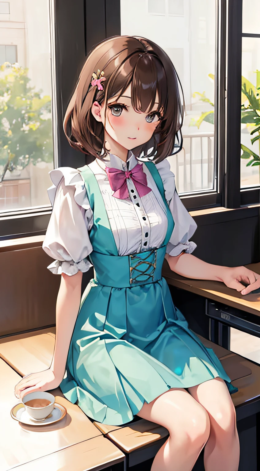 chef-d&#39;œuvre，La meilleure qualité au mieux，cinéma_Sakura，style girly，robe lacée，couleur pastel，Imprimés floraux，Jupe taille haute，ballerines，Accessoires exquis，Café，à l&#39;intérieur dans la chambre，thé，s&#39;asseoir，bureaux，une belle jeune fille，yeux verts，aux cheveux bruns courts，ultra - détaillé，art officiel，Fond d&#39;écran Unité 8k，（belle robe：1.3），..