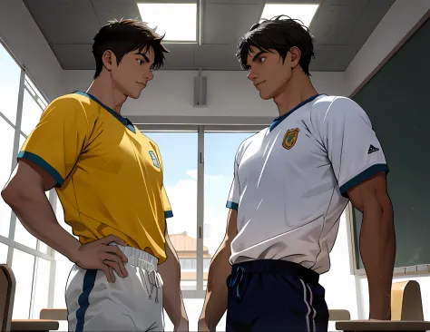 2boys , parlero,  dentro, (obra maestra, la mejor calidad, absurdos ), escuela,classroom, ropa deportiva,looking at eachother , ...