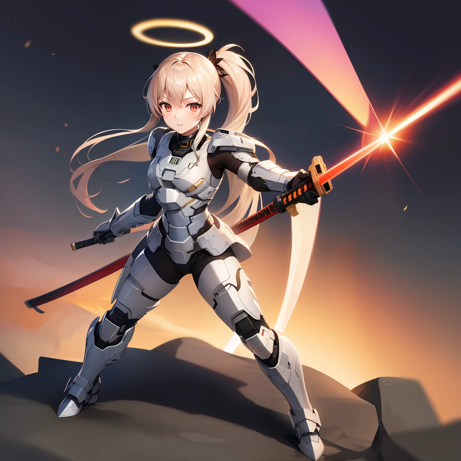 1 girl, solo, Ayanami from Azur Lane, fighting stance, katana in hand, massive great laser sword, swinging sword, highly detailed katana, (masterpiece), (best quality), detailed eyes, beautiful hands, straight hands, shiny hair, light blonde hair, hair in a single extremely long pony tail, straight hair, reddish orange eyes, full body, small breasts, standing, blue sky, (((blue and silver spartan armor from halo))), standing, (highly detailed rifle),