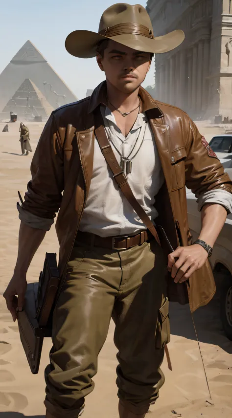 Leonardo Dicaprio como Indiana Jones,Archaeological explorer's uniform,kalap,Chicote,No Egito,Pyramids,set de filmagem,Realistic, --auto