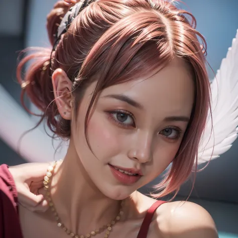 hair bobbles, long eyelasher, solid circle eyes, Light smile, Naughty face, short ponytail hair, Pink hair, crossed bangs, surrealism, shadowing, anaglyph, angle of view, Cinematic lighting, in a panoramic view, Sony FE GM, Super detail, ccurate, Best qual...