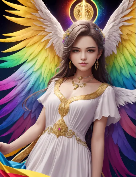 beautiful and perfect teen angel with detailed and defined rainbow colors angel wings, teen angel large full rainbow colored win...