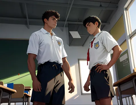 2boys , parlero,  dentro, (obra maestra, la mejor calidad, absurdos ), escuela,classroom, ropa deportiva,looking at eachother , ...