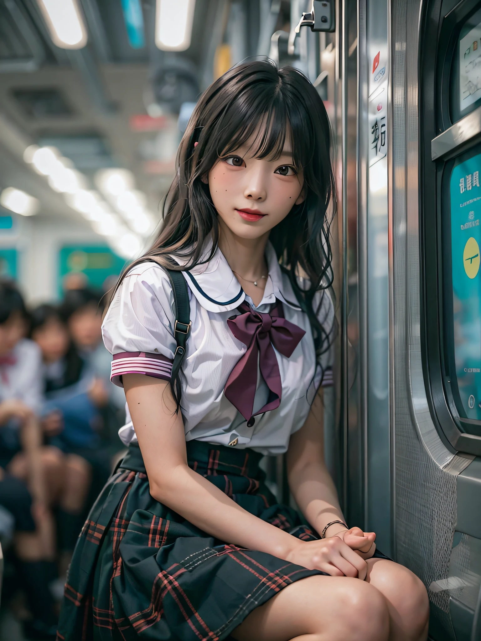 film photography, 1girl, asian woman in a short skirt and bow tie sitting on a train, cute , japanese girl school uniform, wearing japanese school uniform, japanese ,, seductive smile, medium breast, full body, drunk blush:1.5, black wavy shoulder-length hair, serene, calm, (realistic detailed eyes, natural skin texture, realistic face details), soft dramatic lighting, depth of field, bokeh, vibrant details, finely detailed, hyperrealistic