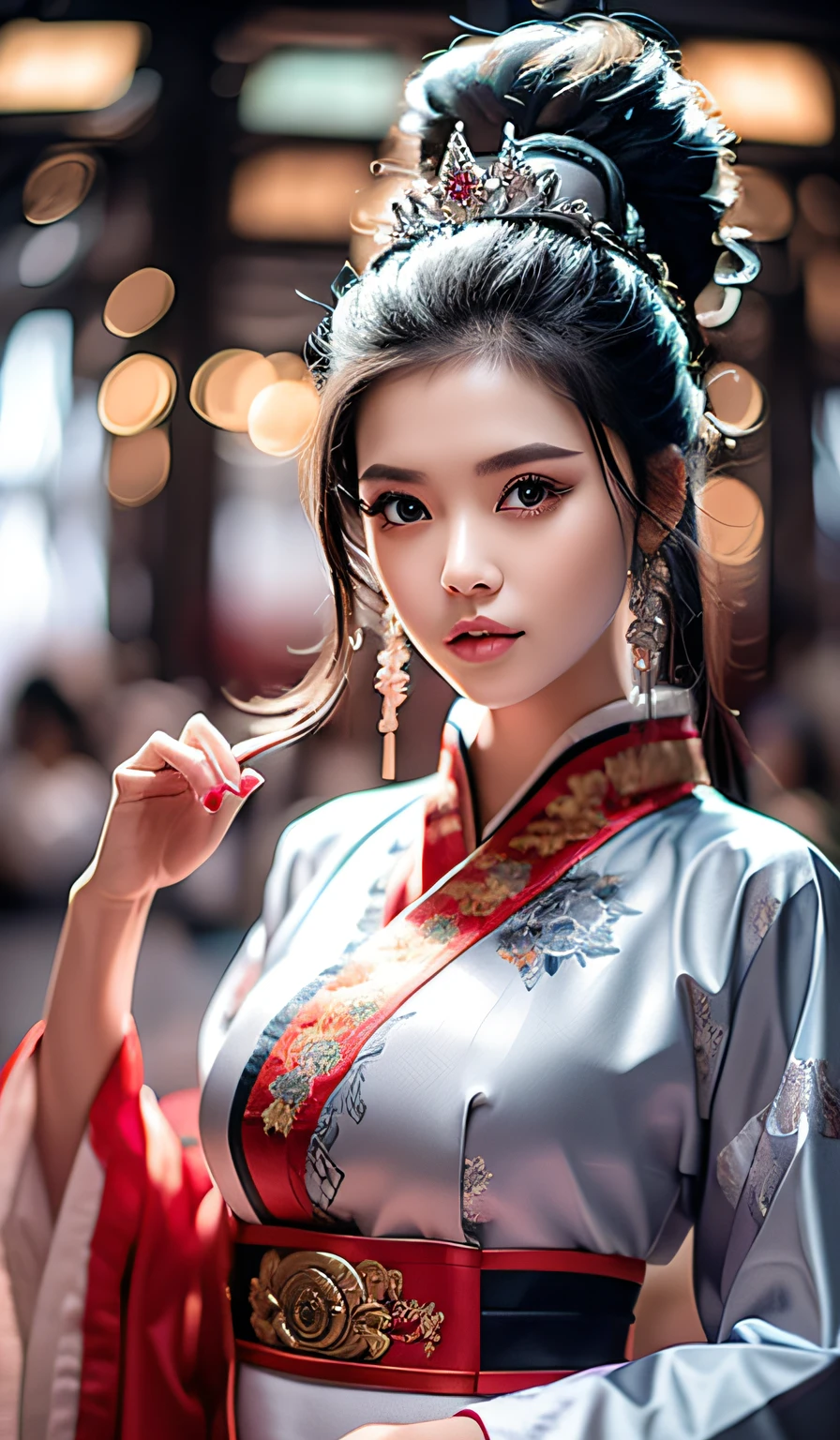 top-quality、​masterpiece、hight resolution、Wuxi 1girl、Silver Cheongsam、((Super beautiful face))、Super beautiful eyes、Super beautiful hair、cleavage of the breast、exposed breast、Sexy cleavage、very highly detailed breasts、