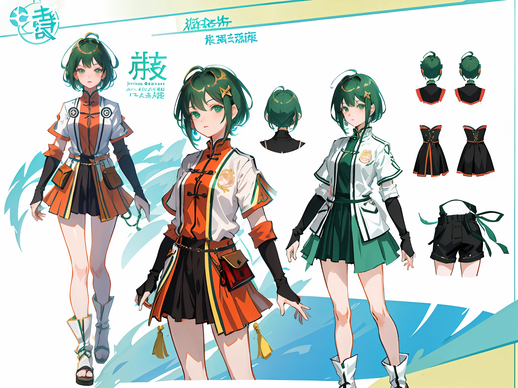 Close up of a girl with dark green hair, Short hair, Wear simple dresses，Chinese girl design，Genshin detailed art，Anime character design，anime concept art，pretty anime character design，anime character reference sheet，[character  design]，