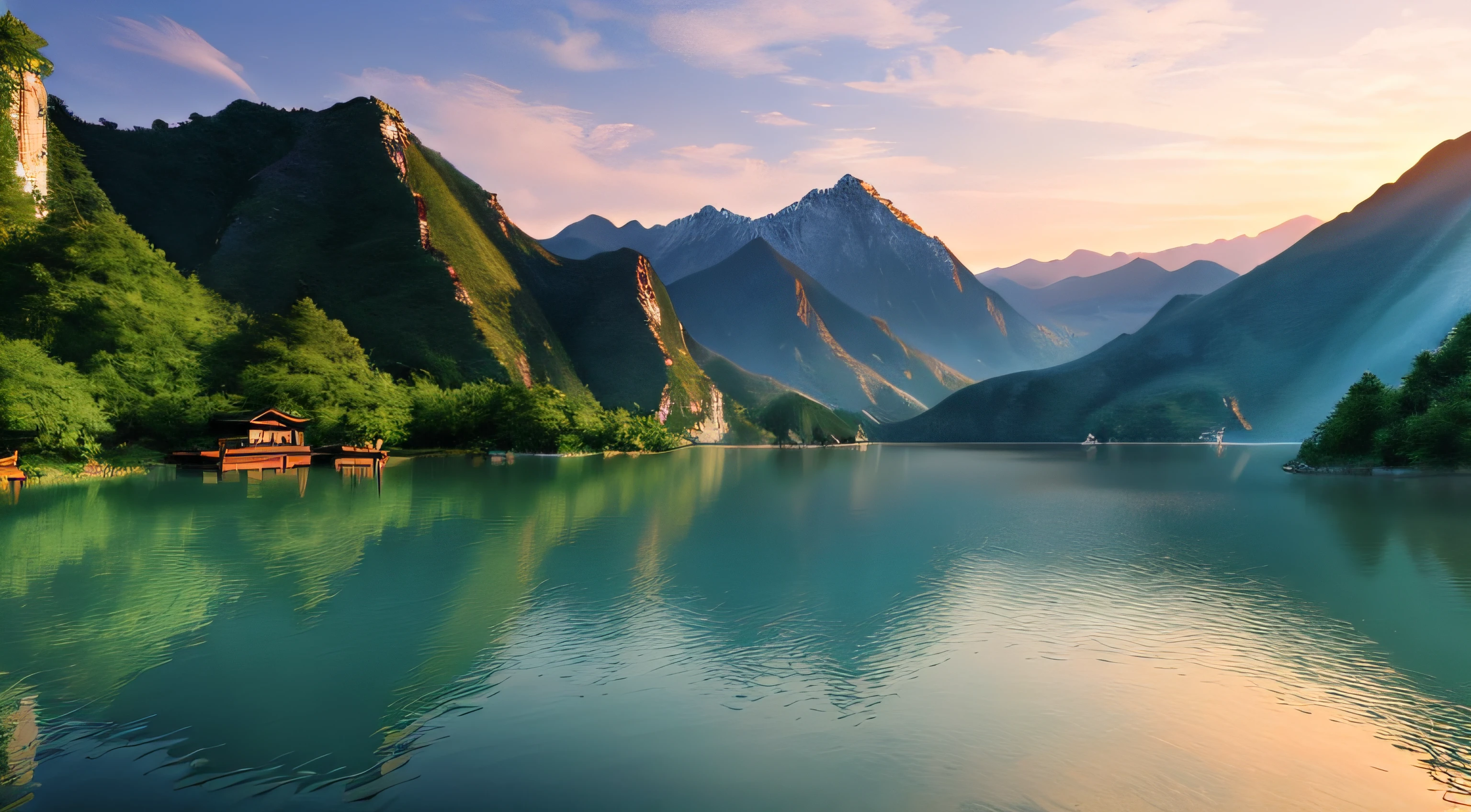 A beautiful Chinese mountain and lake, (masterpiece), (portrait), (raw photo), (highly detailed CG unity 8k wallpaper) intricate, sharp focus, dramatic, realistic art