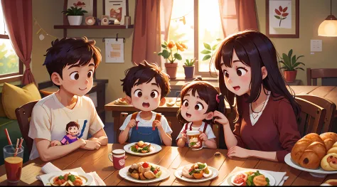 A family，Parents take their children to eat at home，Family dinners，Very cosy。A high resolution，high qulity