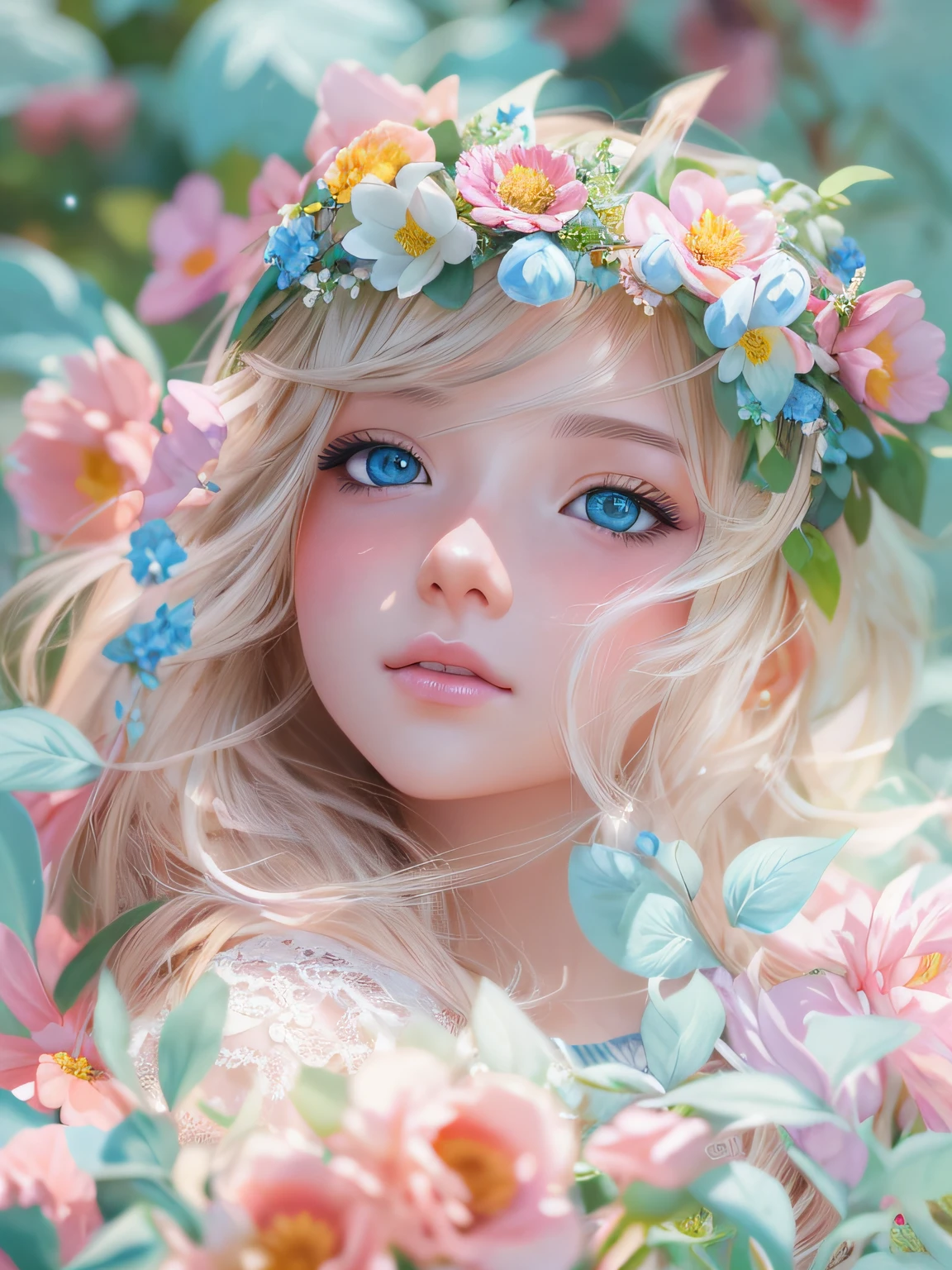 Close-up of doll with blue eyes and flower crown, kawaii realistic portrait, 8k high quality detailed art, artwork in the style of guweiz, Anime style. 8K, guweiz, 🌺 cgsociety, cute detailed digital art, Stunning anime face portrait, luts, Detailed Digital Anime Art, Beautiful Anime Portrait, Ethereal!!! A hyper-realistic