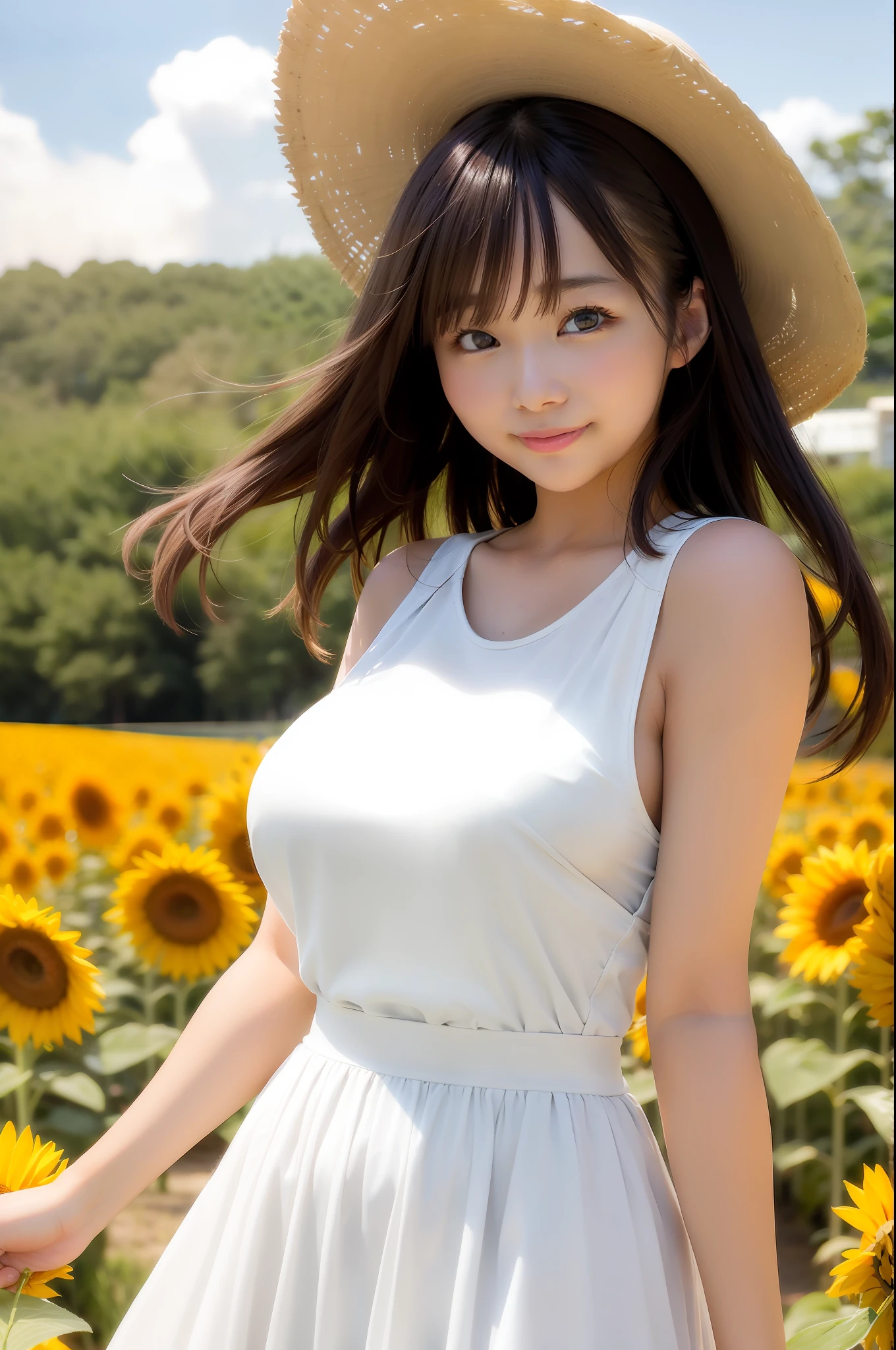 top-quality, ​masterpiece, (Realistic:1.2), sunflowers fields, The upper part of the body, Sunlight, solar flare，Very windy、big eye，a smile，Duck mouth，Pure white dress with open chest，Put on a big straw hat，Model Pose，Fluttering long hair，fluttering long skirt