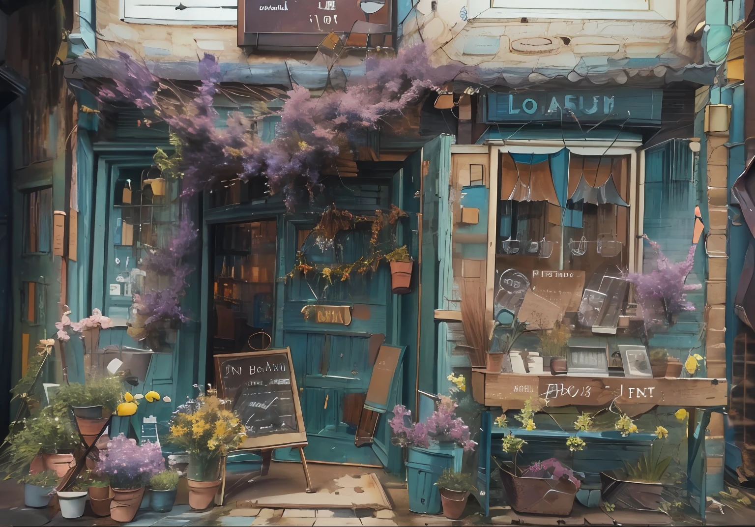 (tmasterpiece、top-quality、ultra - detailed、illustratio), Flowers, No_Humanity, window, a chair, DL, Landscapes, Door, potted plant_plant, stool, vases, flower_pot, coffeehouse, Cute build style、Canopies、blackboards、France