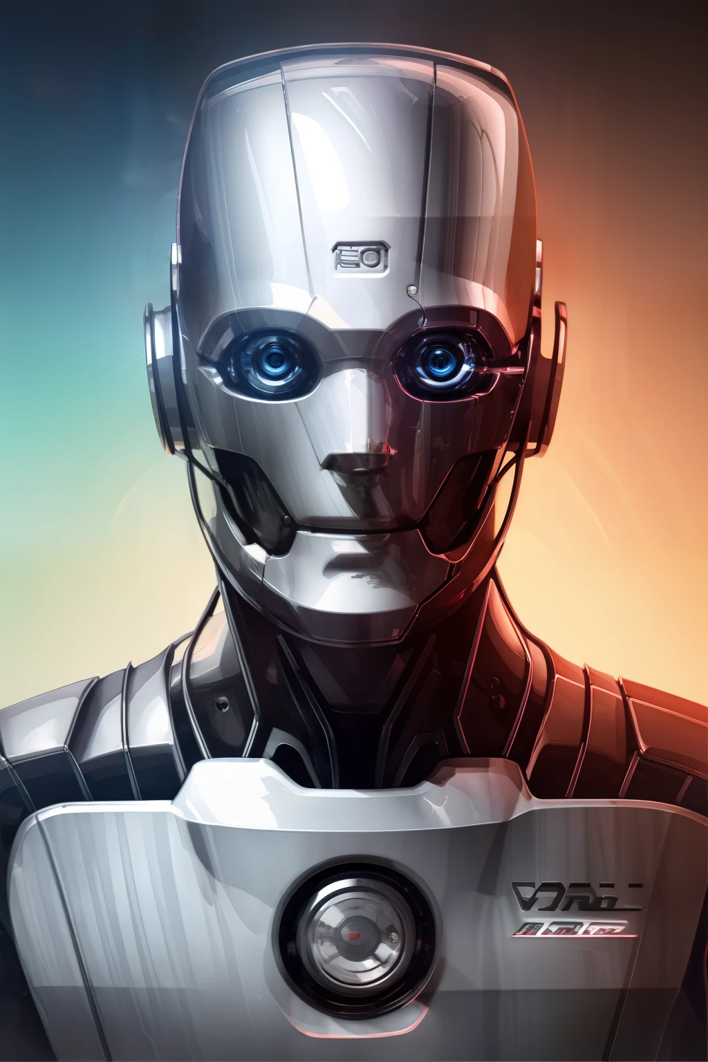 ModelShot Style, A portrait of a man, robot, a single red eye. All metal and front