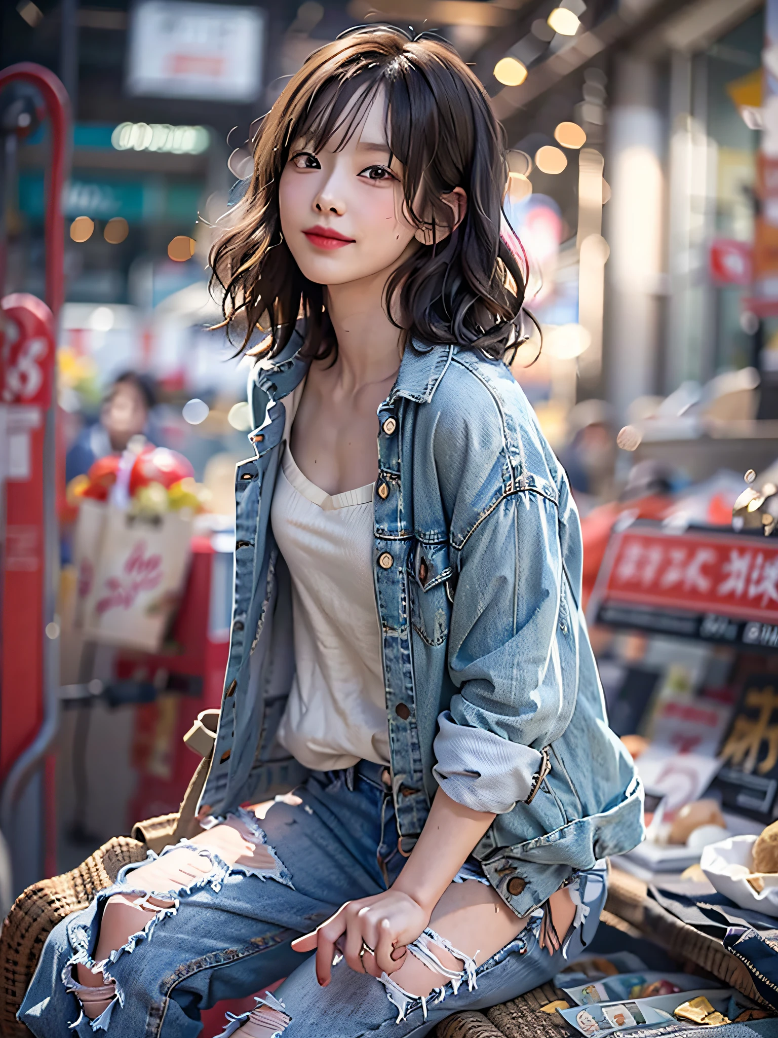 film photography, masterpiece, 1girl, ripped denim, white shirt, white sneaker, shopping, seductive smile, medium breast, full body, drunk blush:1.5, black wavy shoulder-length hair, serene, calm, (realistic detailed eyes, natural skin texture, realistic face details), soft dramatic lighting, depth of field, bokeh, vibrant details, finely detailed, hyperrealistic