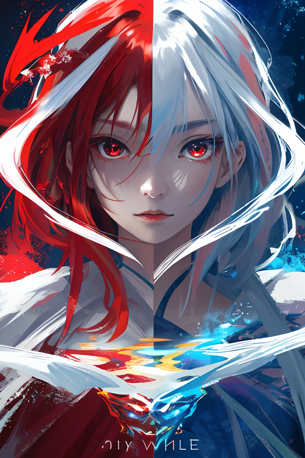 realisticlying、Masterpiece quality、best qualtiy、offcial art、Beauty and aesthetics：1.2、Very detailed fractal art、Colorful abstract background、Kizi、Kamimei、The color hair、long whitr hair、luminous red eyeysterious magic、Girl of Ice and Fire，Red and blue color scheme，cinematric light