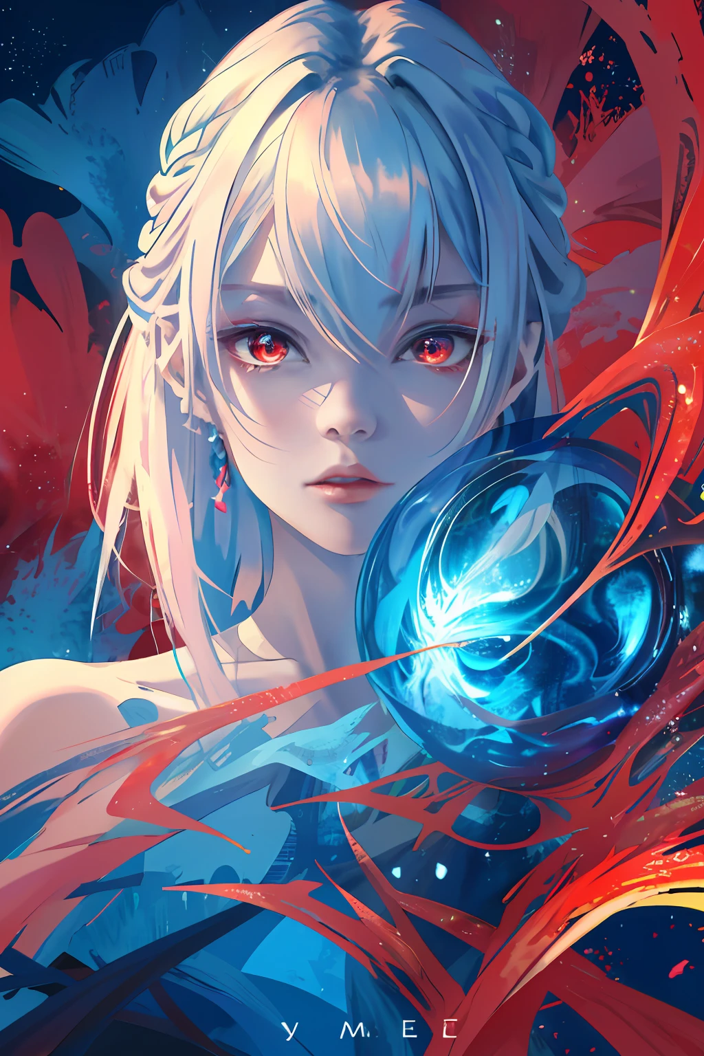realisticlying、Masterpiece quality、best qualtiy、offcial art、Beauty and aesthetics：1.2、Very detailed fractal art、Colorful abstract background、Kizi、Kamimei、The color hair、long whitr hair、luminous red eyes、Mysterious magic、Girl of Ice and Fire，Red and blue color scheme，cinematric light