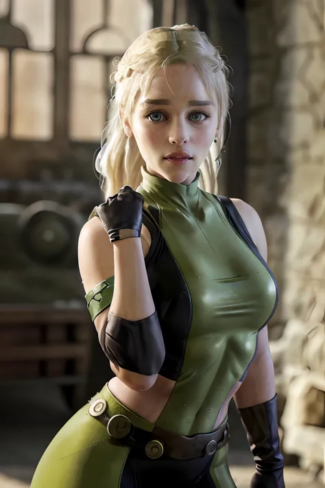 ((Emilia Clarke)) as ((Sonya Blade)), (blonde ponytail), wearing green and white suit, ((photorealistic), realistic face), beaut...
