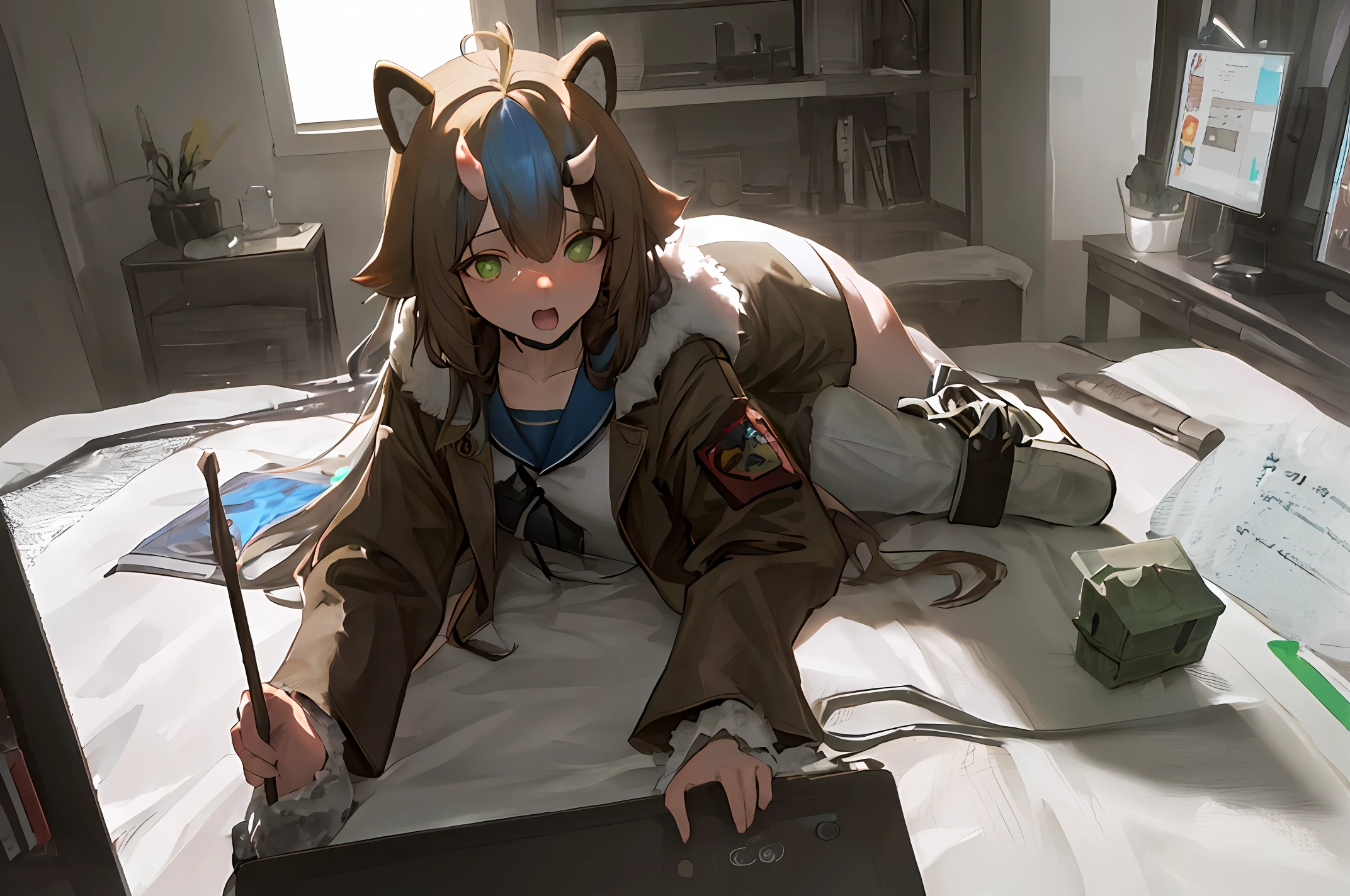 Anime character laying on bed with laptop and headphones on - SeaArt AI