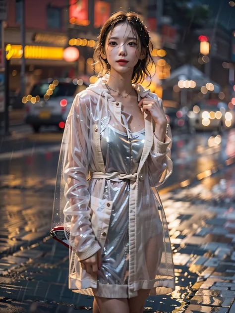 film photography, masterpiece, 1girl, morning, rain, wet, cityscape, wet white minidress, ((transparent raincoat)), slender body...