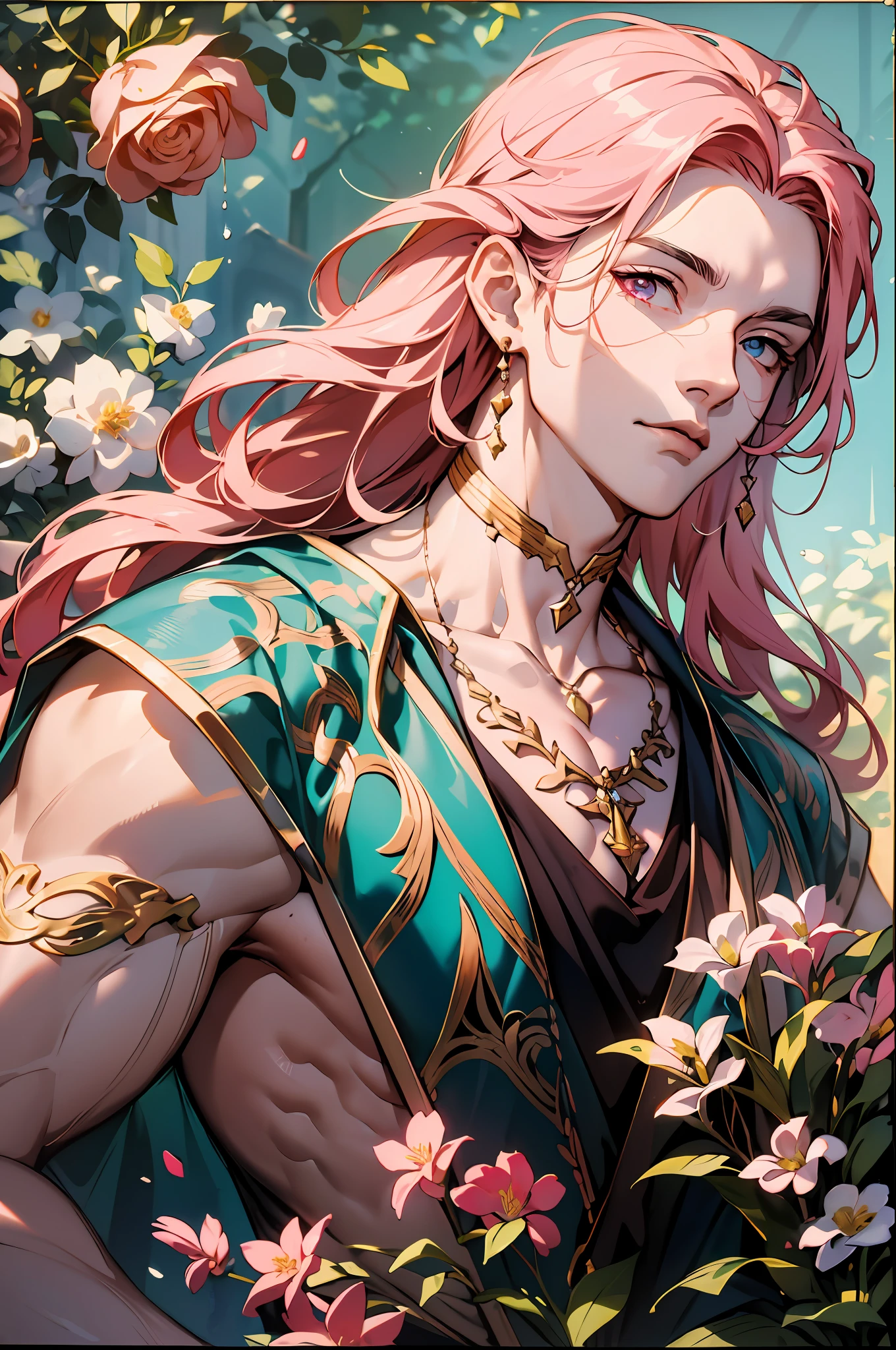 (absurdress, hight resolution, Ultra Detailed), 1 male, Adult, a handsome, tall muscular guy, wide shoulders, finely detailed eyes, extra very long hair, pink hair, Wavy Hair, Flowers, diamond, Jewelry, garden, woods, Portrait, (dutch angle), closed mouth