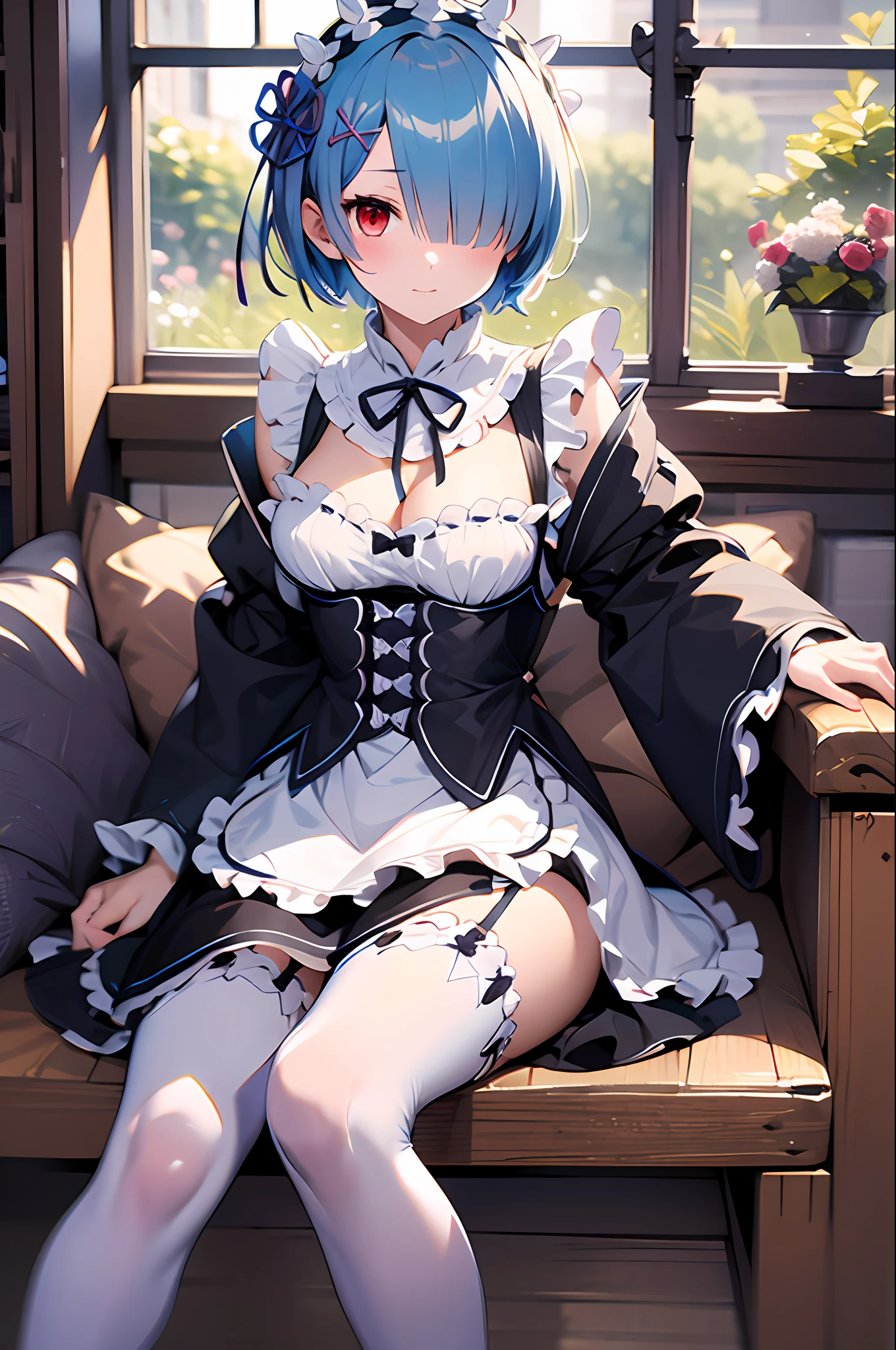 masterpiece, best quality, highres, ram1, 1girl, solo, rem \(re:zero\), blue hair, white thighhighs, short hair, red eyes, hair over one eye, ribbon trim, hair ribbon, x hair ornament, frills, maid headdress, waist apron, garter straps, black ribbon, medium breasts, cleavage, long sleeves, white apron, neck ribbon, purple ribbon, wide sleeves, hair flower, indoors, sitting, crossed legs,