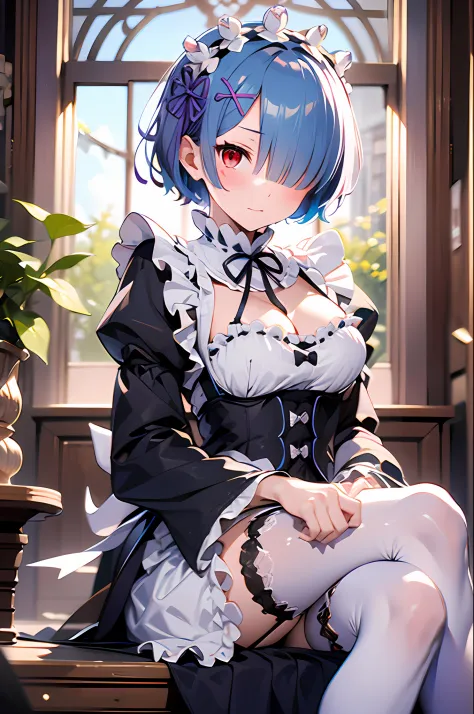 masterpiece, best quality, highres, ram1, 1girl, solo, rem \(re:zero\), blue hair, white thighhighs, short hair, red eyes, hair ...