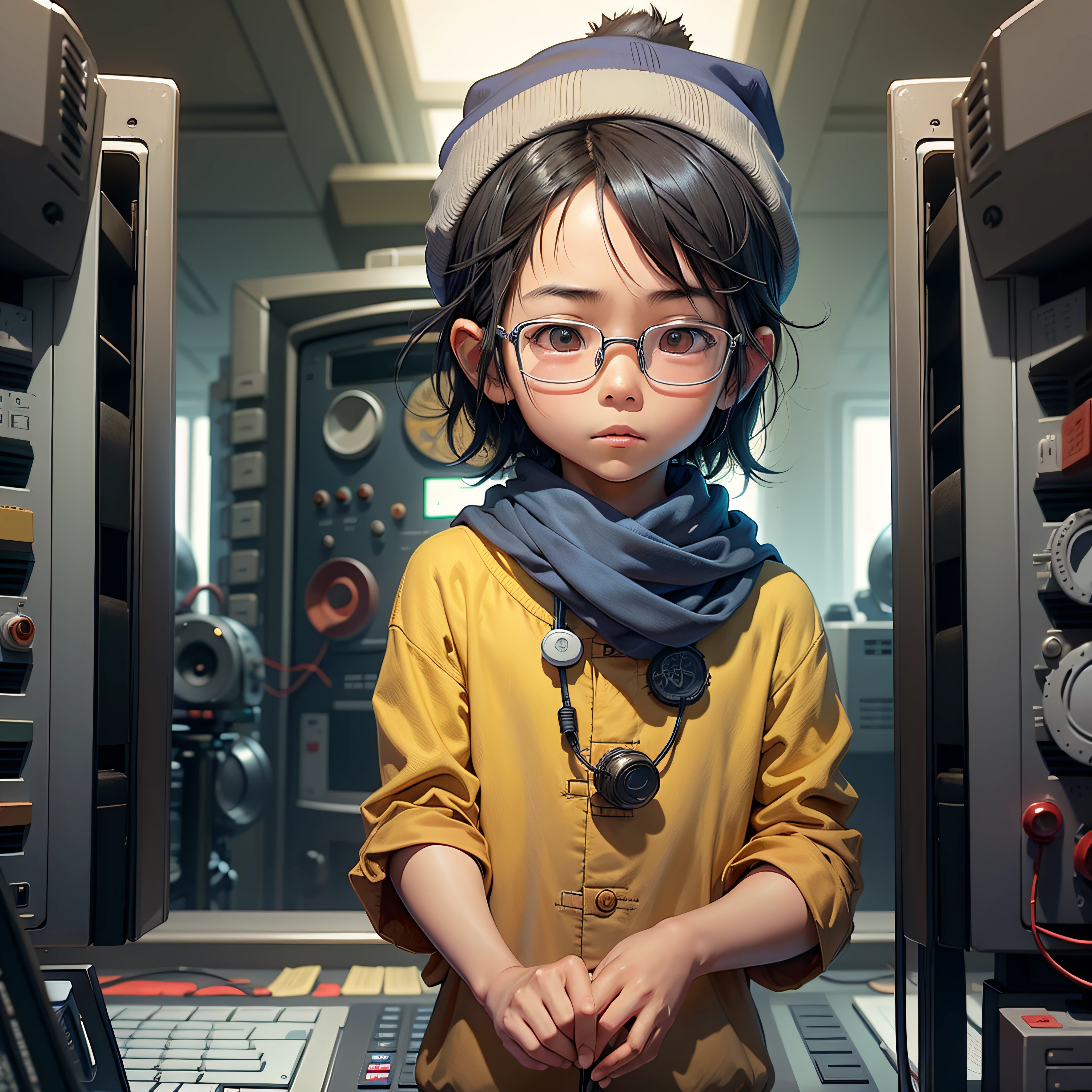In the style of Ghibli Animation, Nam a Vietnamese young boy with black hair and big brown eyes wearing glasses and scarf and beanie, looks hyper active, wise, surrounded by different computer screens and gadgets, childhood story pi,cture well loved and appreciated, indigo . interacting with the surrounding --auto