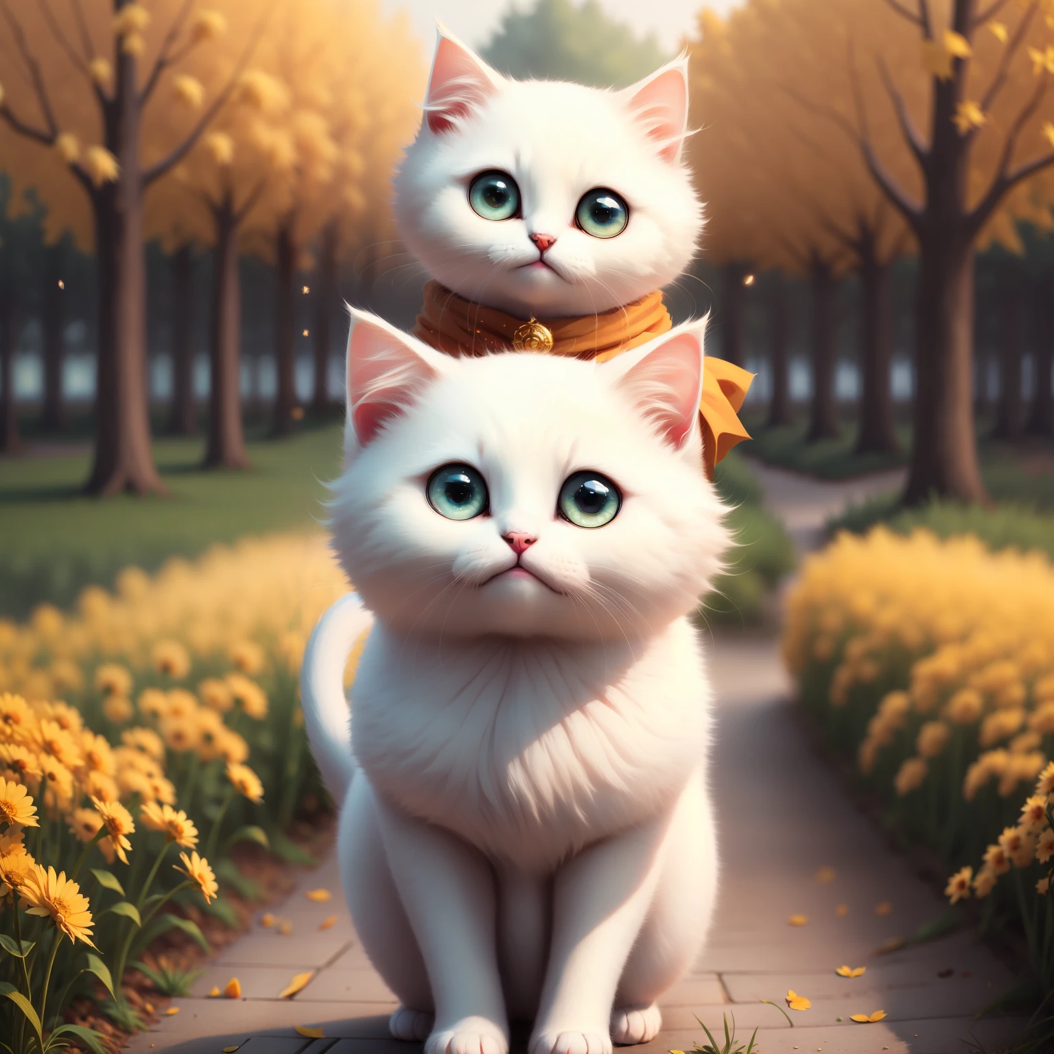 The white kitten is smiling happily，Big jewel-like eyes，Cute smile，The young body plays happily in various landscapes、big laughter、Four seasons of spring, summer, autumn, winter