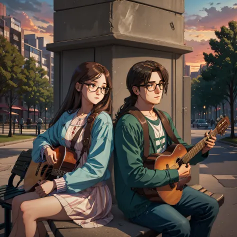 At dusk, a girl and a boy sitting on a park bench, girls dressed in long hair, boys with square-framed glasses, holding guitars ...