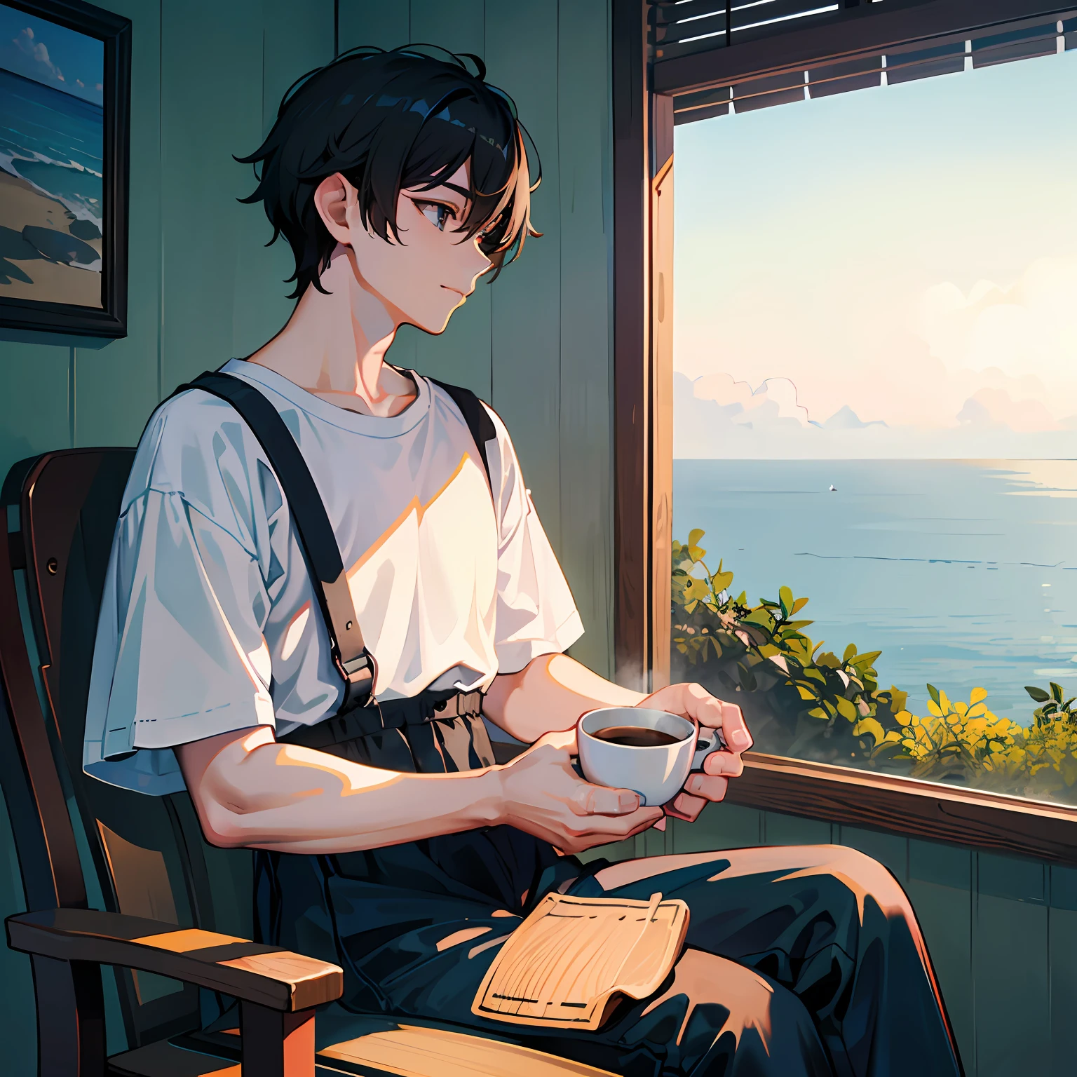 Anime boy sitting in chair holding a cup of coffee looking out the window -  SeaArt AI