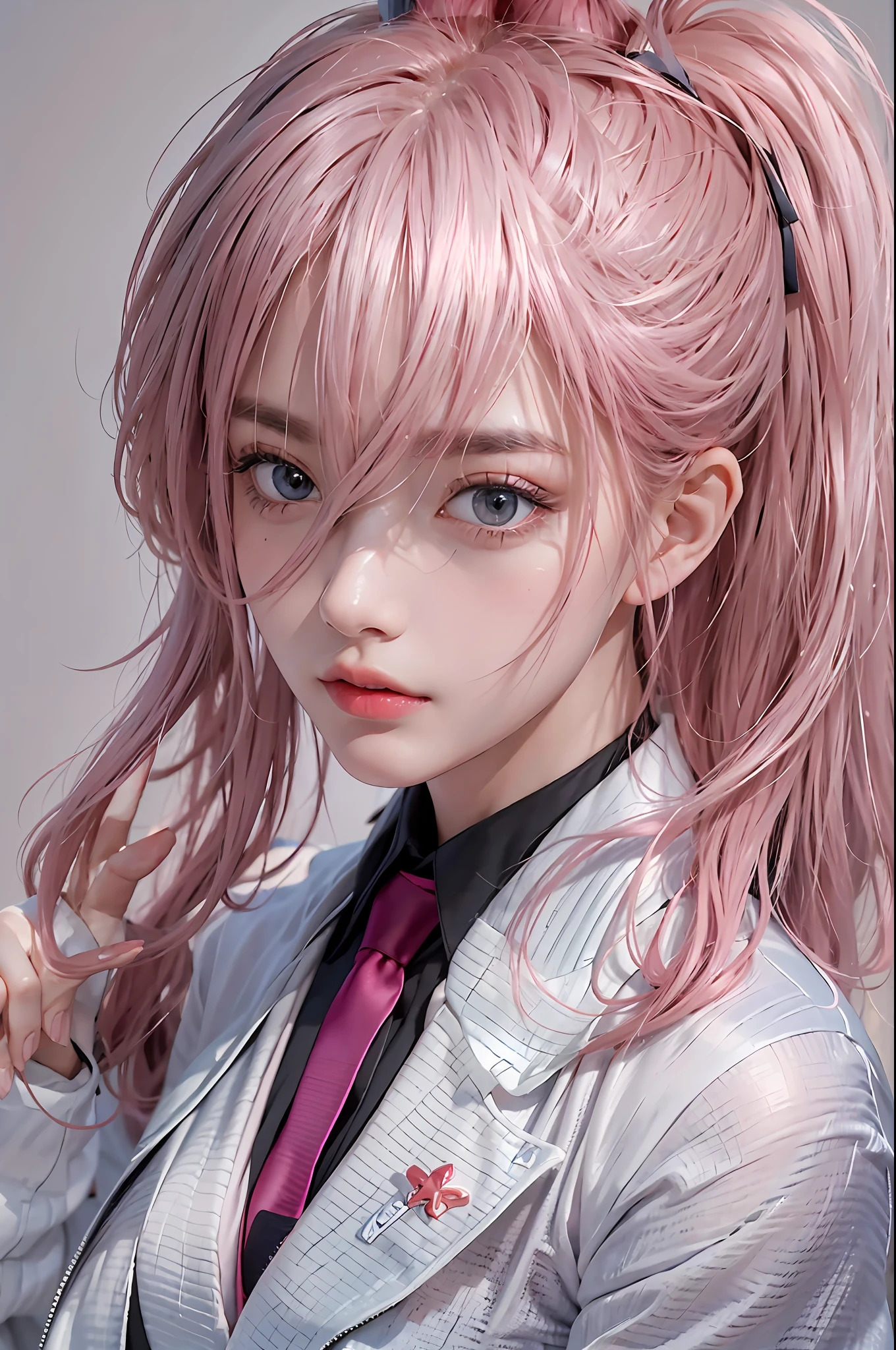 photorealistic, high resolution, 1 women, hips up, beautiful eyes,power \(csm\), pink hair, symbol-shaped pupils, cross-shaped pupils, blue jacket, collared shirt, black necktie, black pants