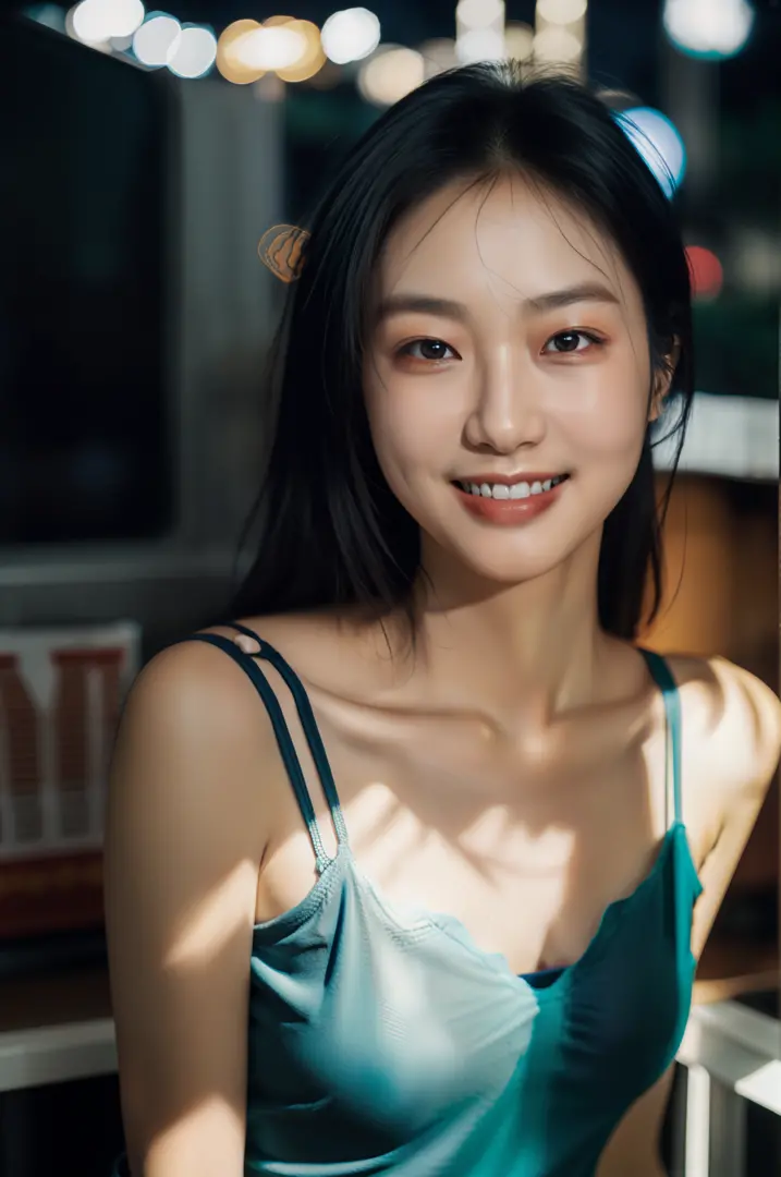 1girl, idol, model, depth of field, photo, film, face, skinny, smile, collarbone,  teeth, movie, camisole, selfie, night, natura...