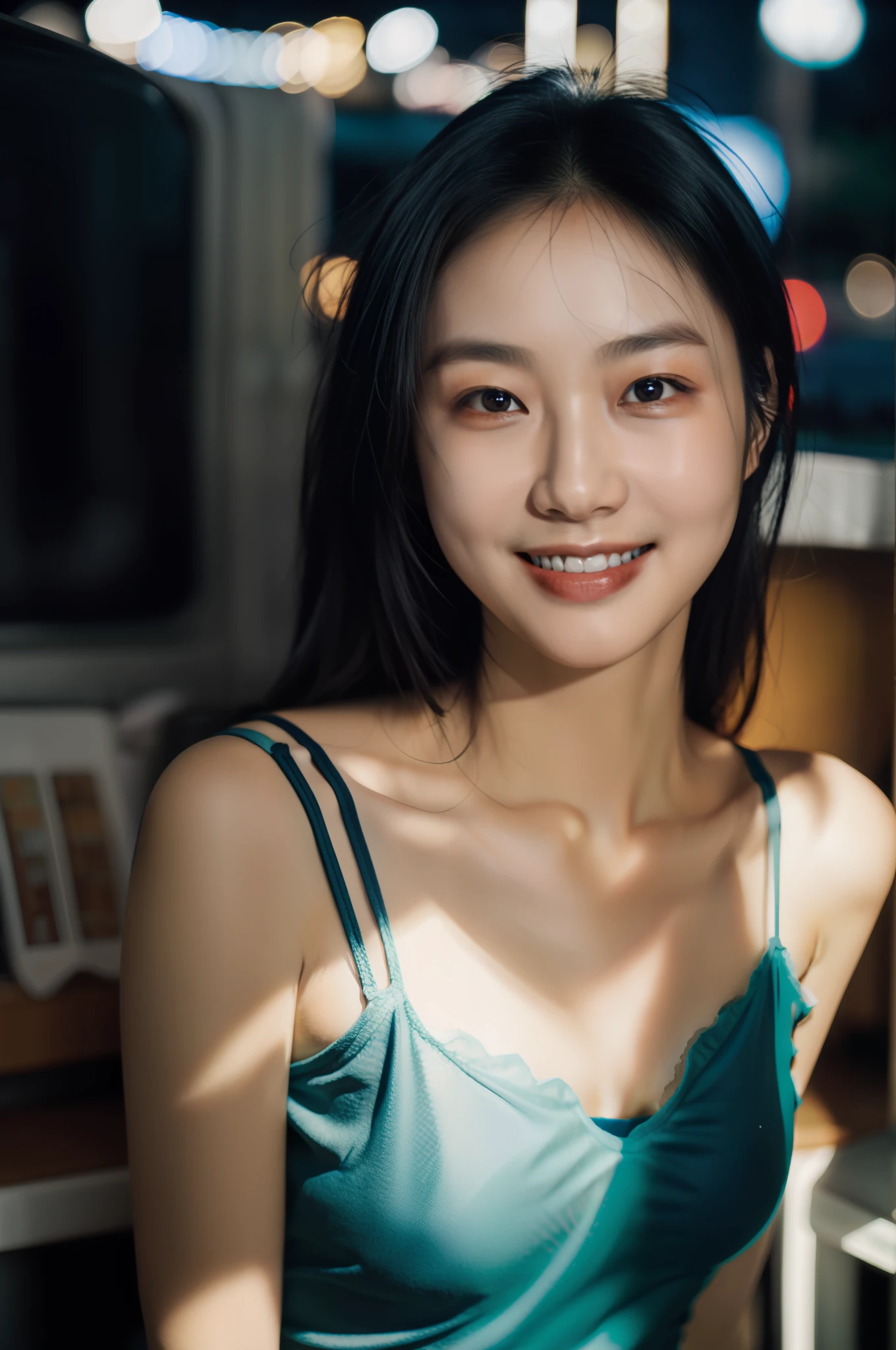 1girl, idol, model, depth of field, photo, film, face, skinny, smile, collarbone,  teeth, movie, camisole, selfie, night, natural skin texture