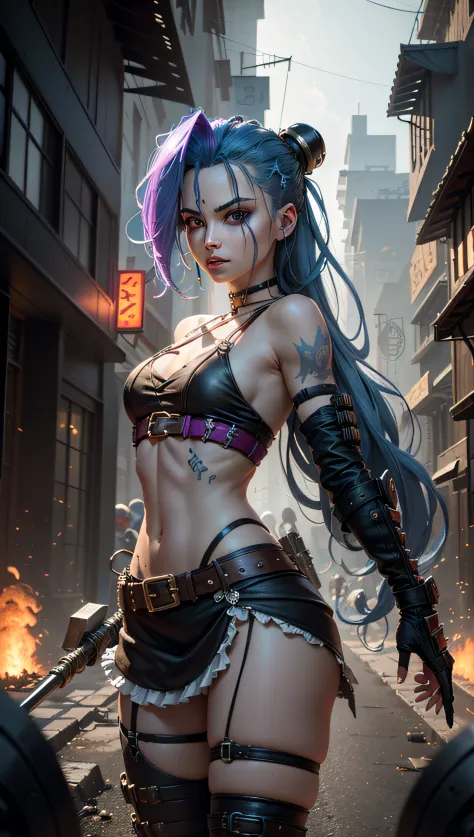 ((Best quality)), ((masterpiece)), (highly detailed:1.3), 3D, arcane style,In the dark and gritty dystopian city Piltover, plagued by violence and divided into two opposing factions, a young prodigy named Jinx emerges. Having endured unimaginable loss and ...