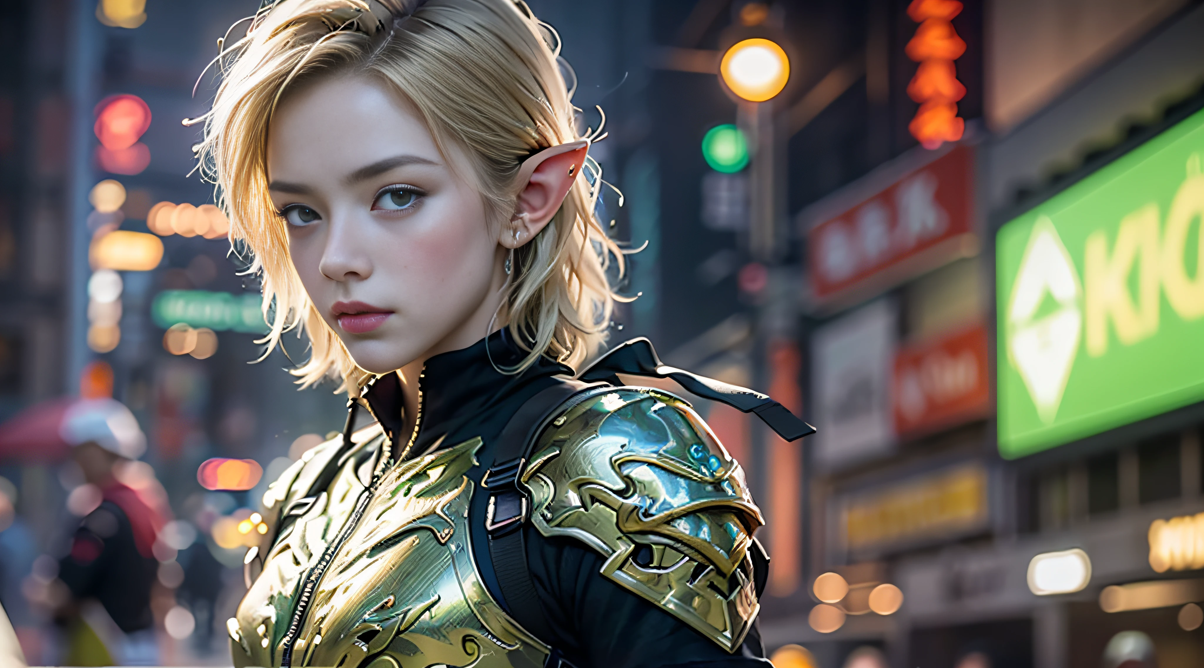 ultra detail, high resolution, ultra detailed, best quality, amazing, top quality, extremely detailed CG 8k wallpaper unit, cinematic lighting, Zelda cyberpunk link, cyberpunk, dark boy, green clothing, green armor, neon berde, blond hair, elf