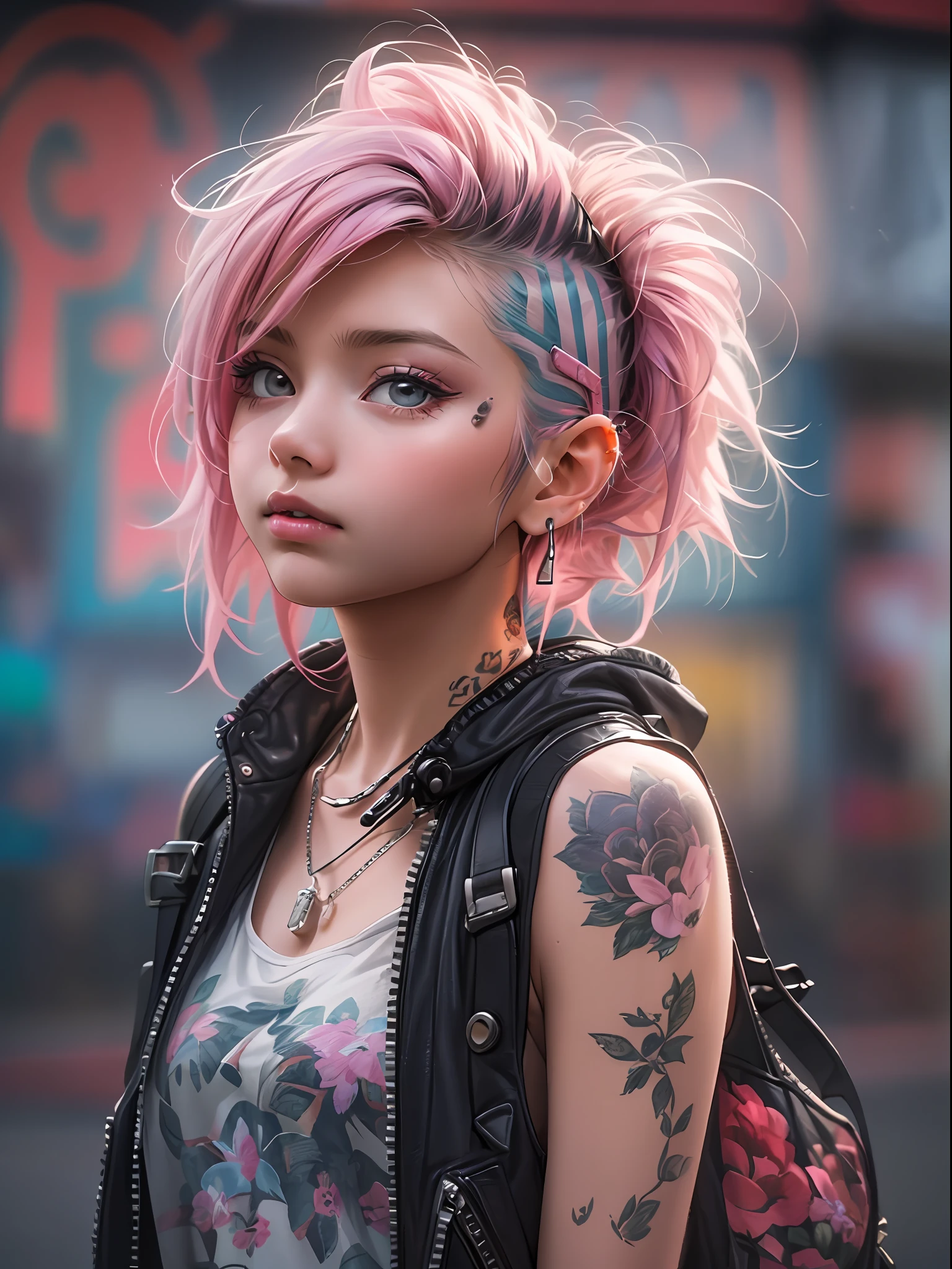 1 punk girl,cute little、(top-quality、in 8K、32K、​masterpiece、nffsw:1.3)、(Photorealsitic:1.4),Fancy makeup,Wacky punk hair,punk fashion,Tank Tops、A pink-haired,、Tattoos on the body,、Downtown District Background、Backlight effect、depth of fields,blurry backround,