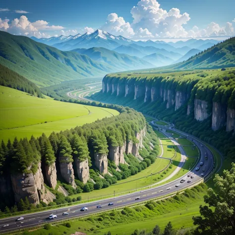 highways，beautiful scenery，verdant trees，bloom flowers，babbling creek，clouds in the sky，mountains standing in the distance，the s...