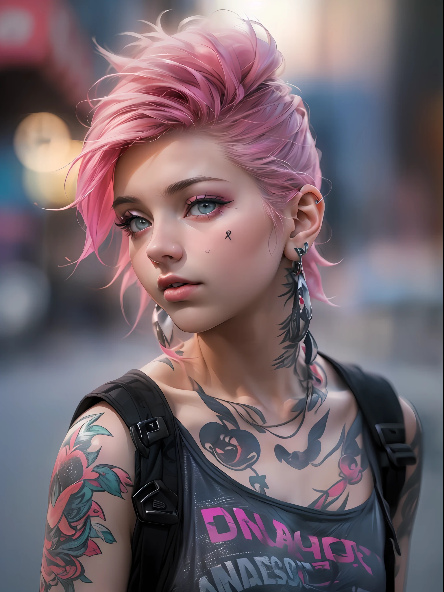 Cute 18 year old punk girl,、(top-quality、in 8K、32K、​masterpiece、nffsw:1.3)、(Photorealsitic:1.4),Fancy makeup,Wacky punk hair,punk fashion,Tank Tops、A pink-haired,、Tattoos on the body,、Downtown District Background、Backlight effect、depth of fields,blurry backround,