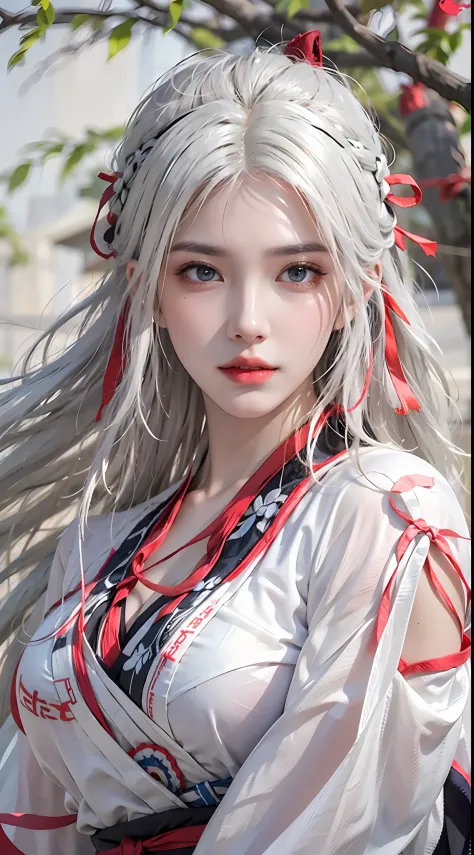 photorealistic, high resolution, 1 girl, white long hair, beautiful eyes, normal breast, raiden shogun costume