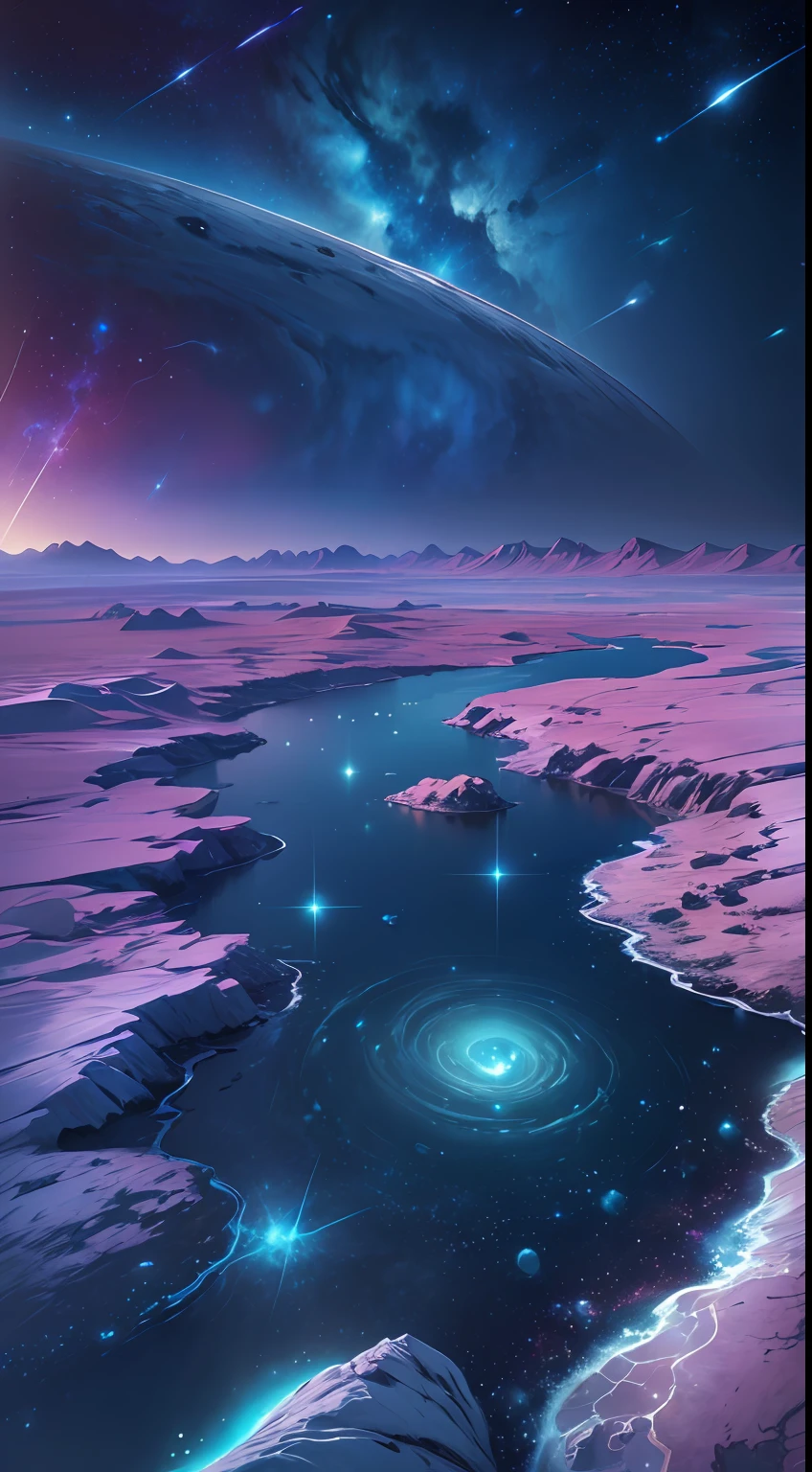 ((8K))，The bottomless blue sea，Starry sky with rivers and distant milky ways, galactic landscape, epic beautiful space scifi, cosmos sem fim no fundo, high detailed digital art, Space landscape
