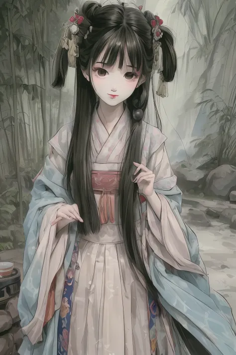 Masterpiece, 4k, super detailed, 1girl, 20-year-old young woman, delicate facial features, perfect face, smile, light makeup, headdress, hanfu, long skirt, skirt, bamboo forest, ink style, gongbi painting