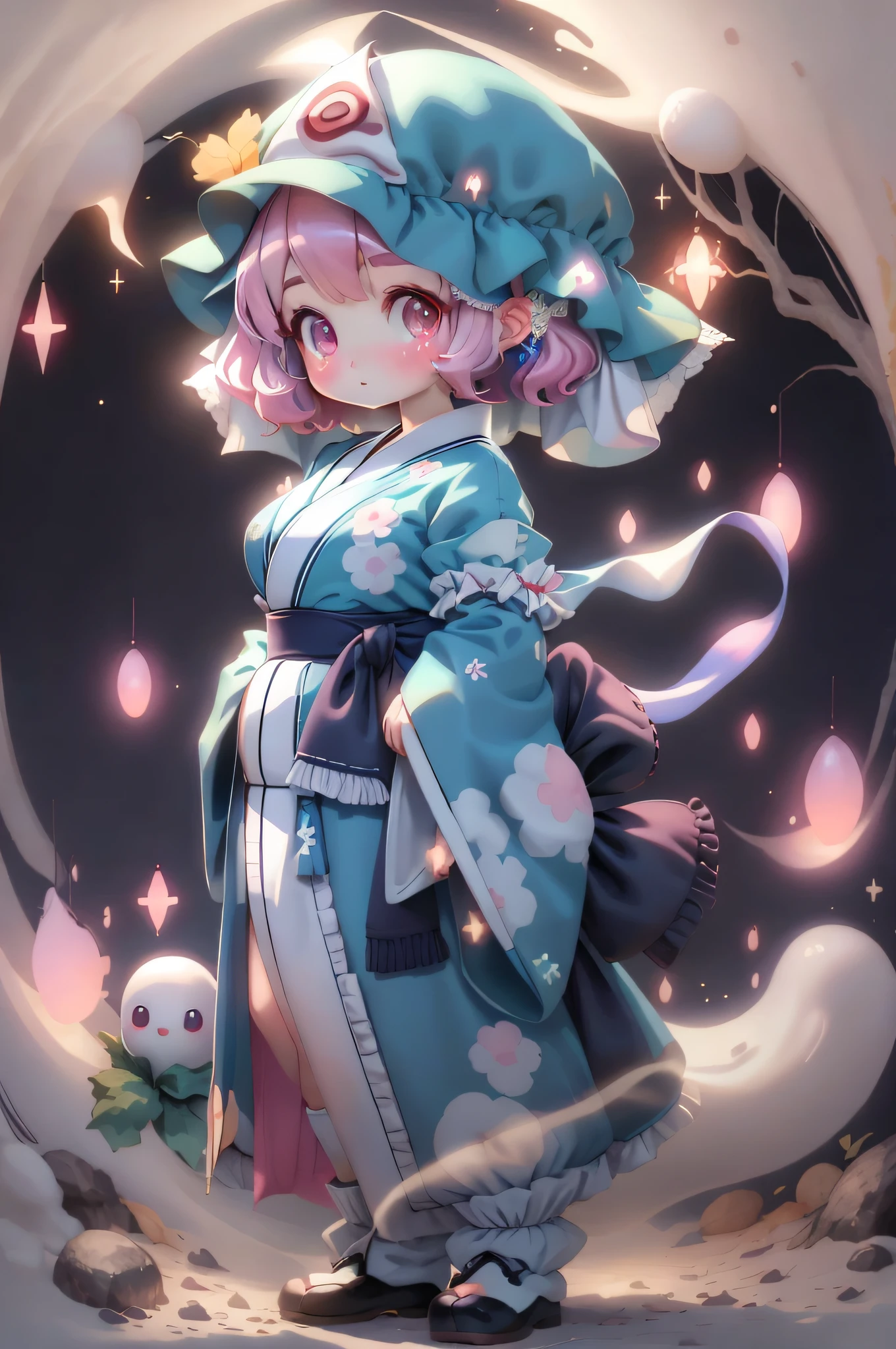 plastican00d,striped backgroundmasterpiece,best quality,official art,Eastern Project,Saigyouji Yuyuko,solo,1 girl,pink short hair,pink eyes,blush,blue kimono,puffy sleeves,white socks,mary janes,konpaku youmu (ghost),glowing butterfl, sparkle,looking at viewer,full body,standing,