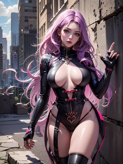 1girll，Gorgeous Hair in Long Purple，Purple jumpsuit，Tattooed with，There is a red string around the waist，Purple boots，Thigh leg rings，The right hand releases a purple energy glow，Hands full breasts, Convex buttocks, city ruins，holy rays，A desert，Detailed b...