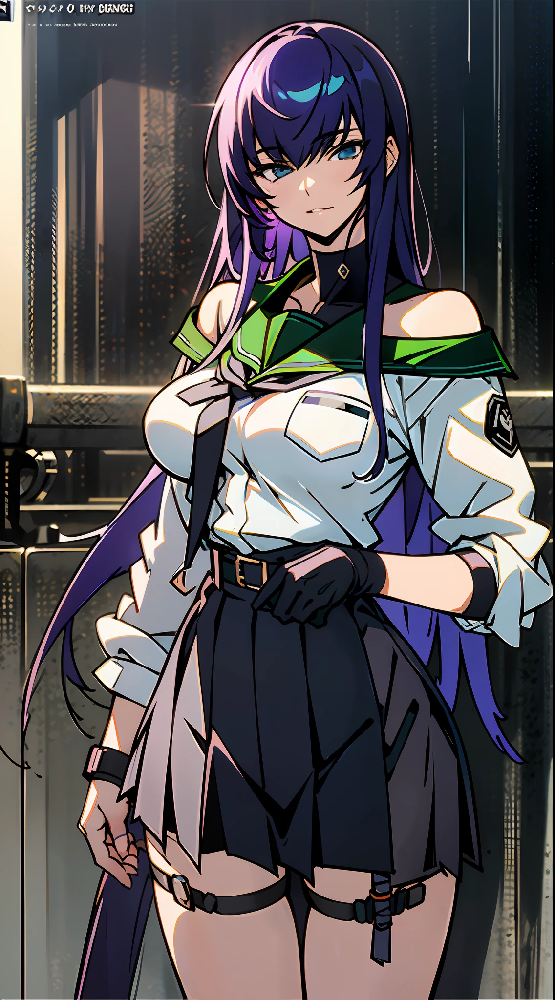 (High resolution), (in 8K), (Extreme Detail), (Best Illustration), (beautiful detail), (Best Quality), (masuter piece), ( Detailed face), Saeko Poison Island、The long-haired、white  shirt、Shoulder holster、Green pleated skirt、student clothes、garterbelts、knee high、Vicious look、full body Esbian、Realistic fantasy rendering, Realistic anime girl rendering, Full body portrait, (Big Breast: 1.4) popular in CGSTATION, 4K,highlight in eyes