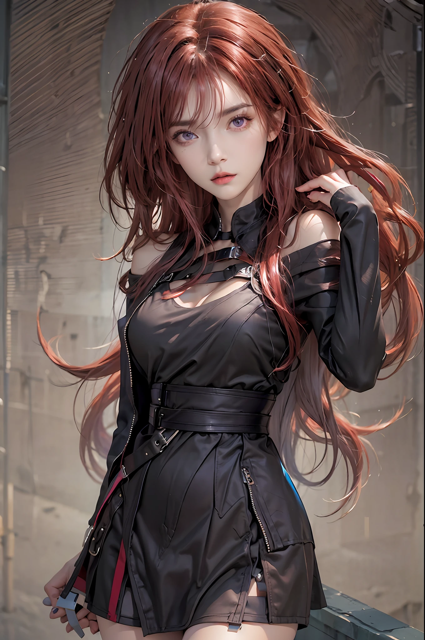 photorealistic, high resolution, 1 woman, hips up, origen, serious, horn, long hair,red hair,purple eyes,off-the-shoulder jacket, black dress, black stocking