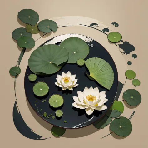 Tradition Chinese Ink Painting，Lotus leaf，lotus flower，Don't be characterized，A lotus，A lotus leaf，tmasterpiece，best qualtiy，off...