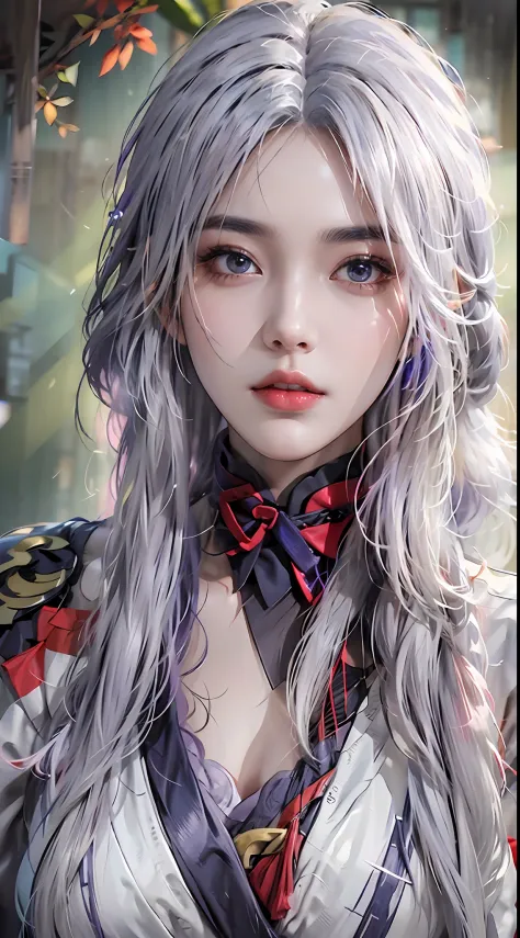 photorealistic, high resolution, 1 girl, white long hair, beautiful eyes, normal breast, raiden shogun costume